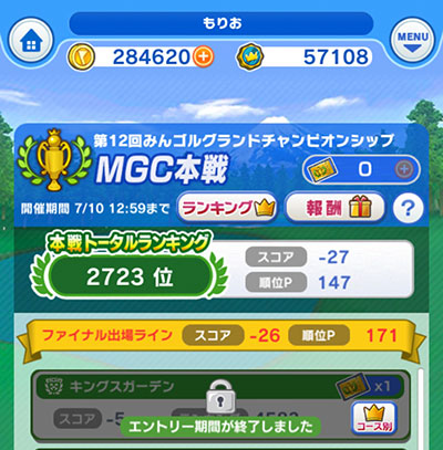 第12回みんゴルMGC本戦最終順位は2723位でファイナルに出場のイメージ画像